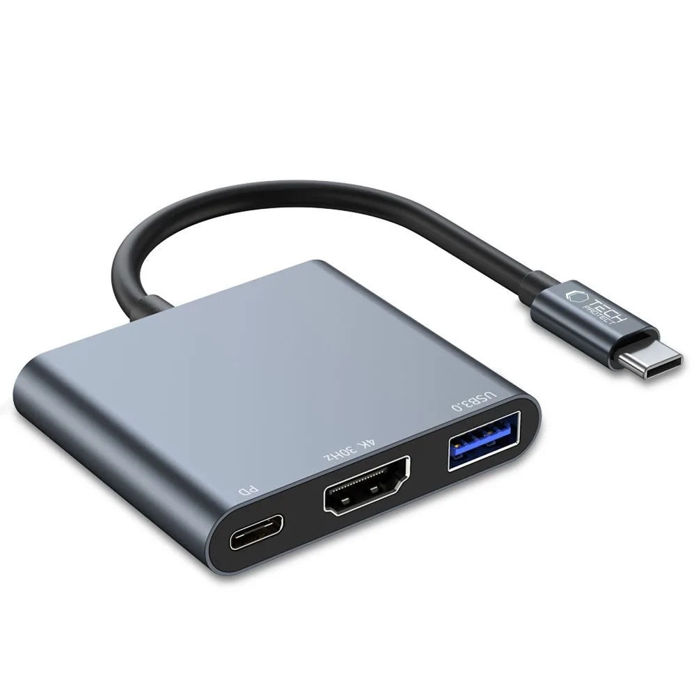3 az 1-ben USB-C – USB-A USB-C PD 100 W HDMI 4K 30 Hz hub – szürke