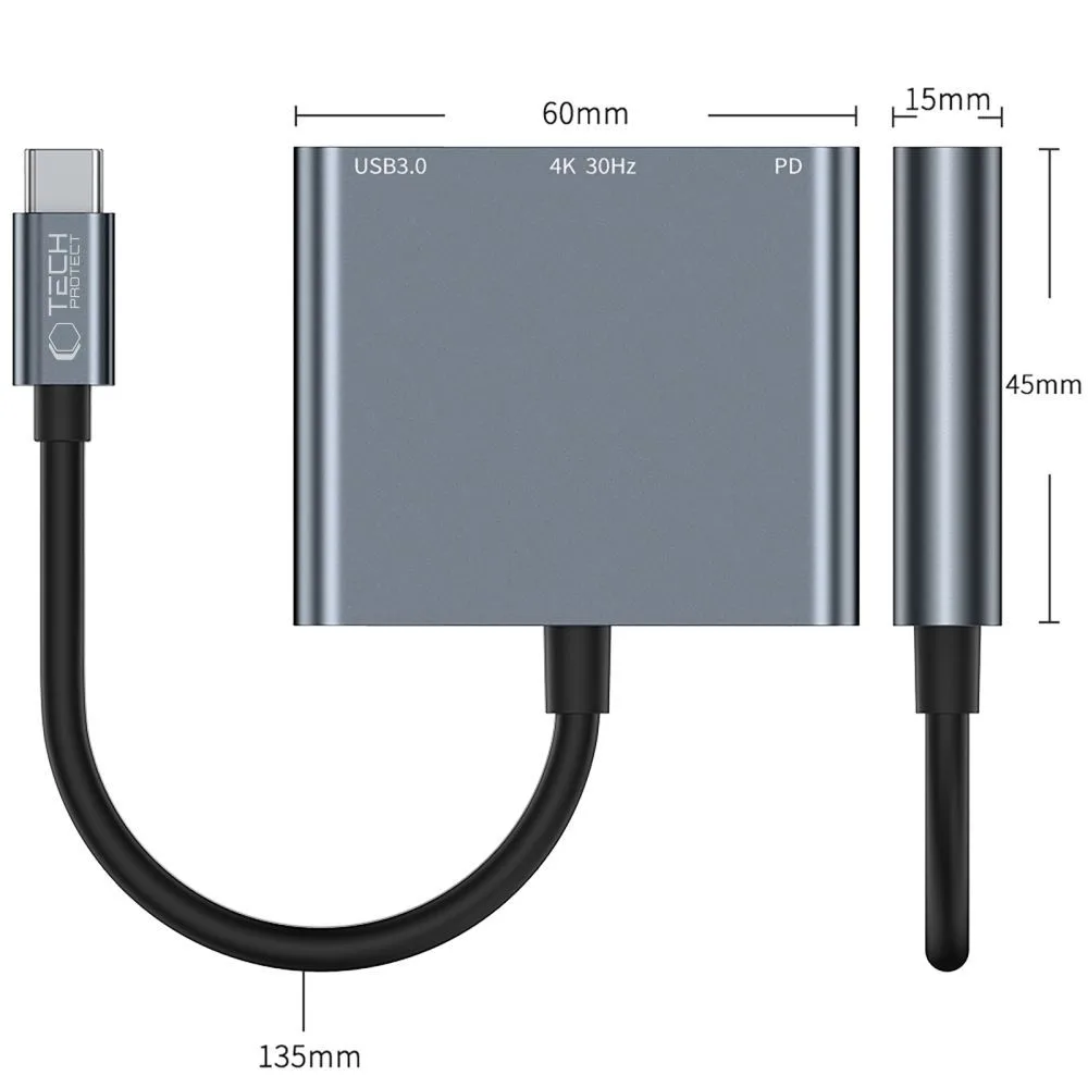 3w1 HUB rozdzielacz USB-C na USB-A USB-C PD 100W HDMI 4K 30Hz - szary 4