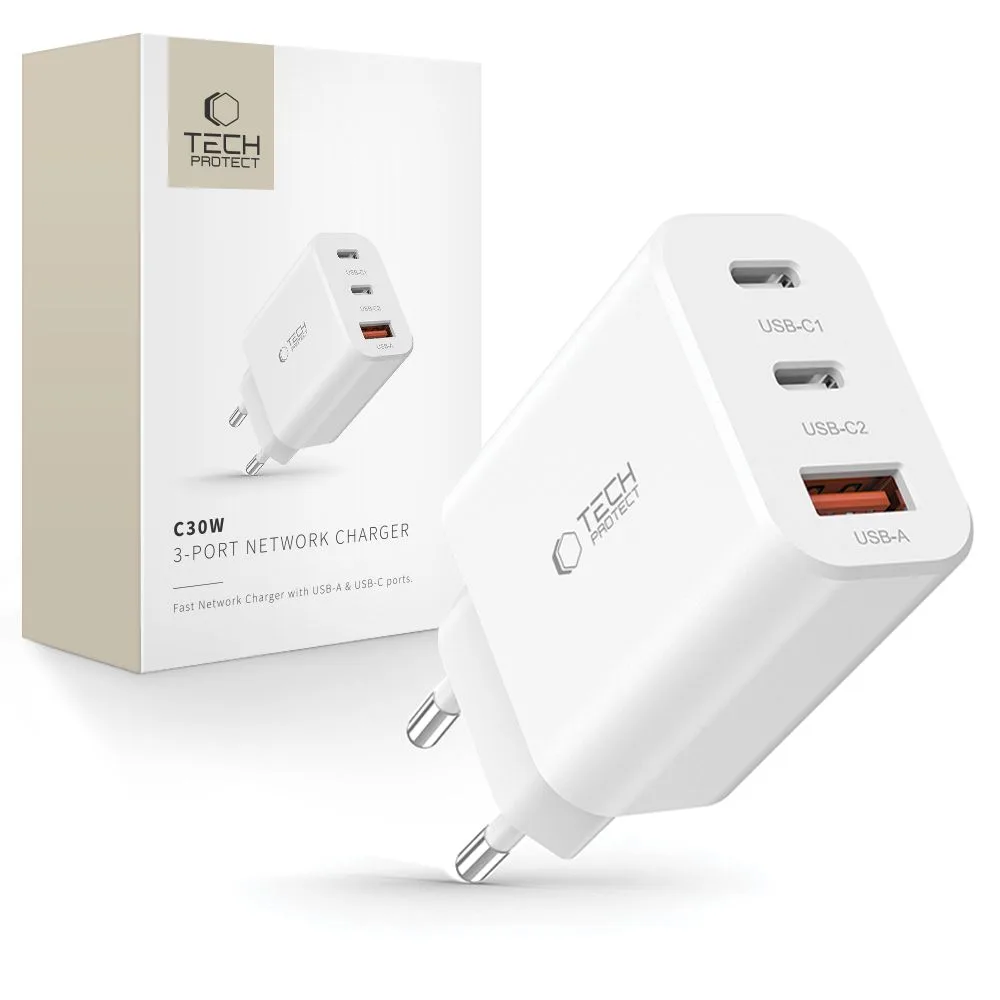 2x USB-C PD / USB-A QC 30 W-os fali töltő - Fehér
