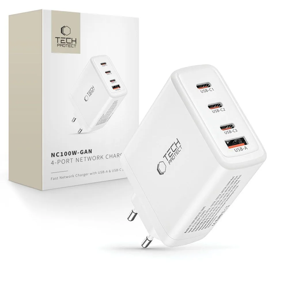 GaN 3x USB-C PD USB-A QC 100 W-os fali töltő – fehér
