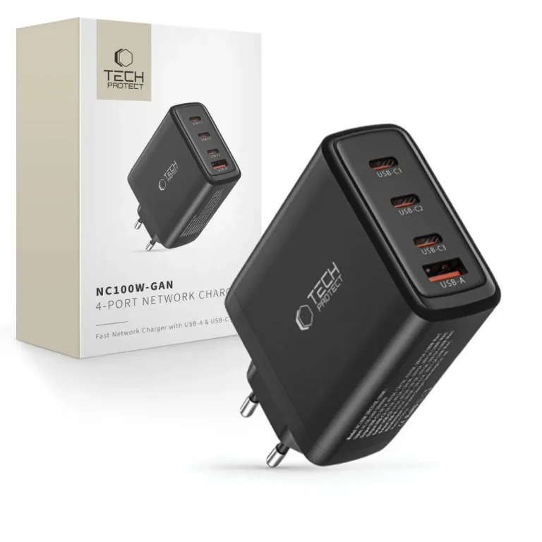 GaN fali töltő 3x USB-C PD USB-A QC 100 W – fekete