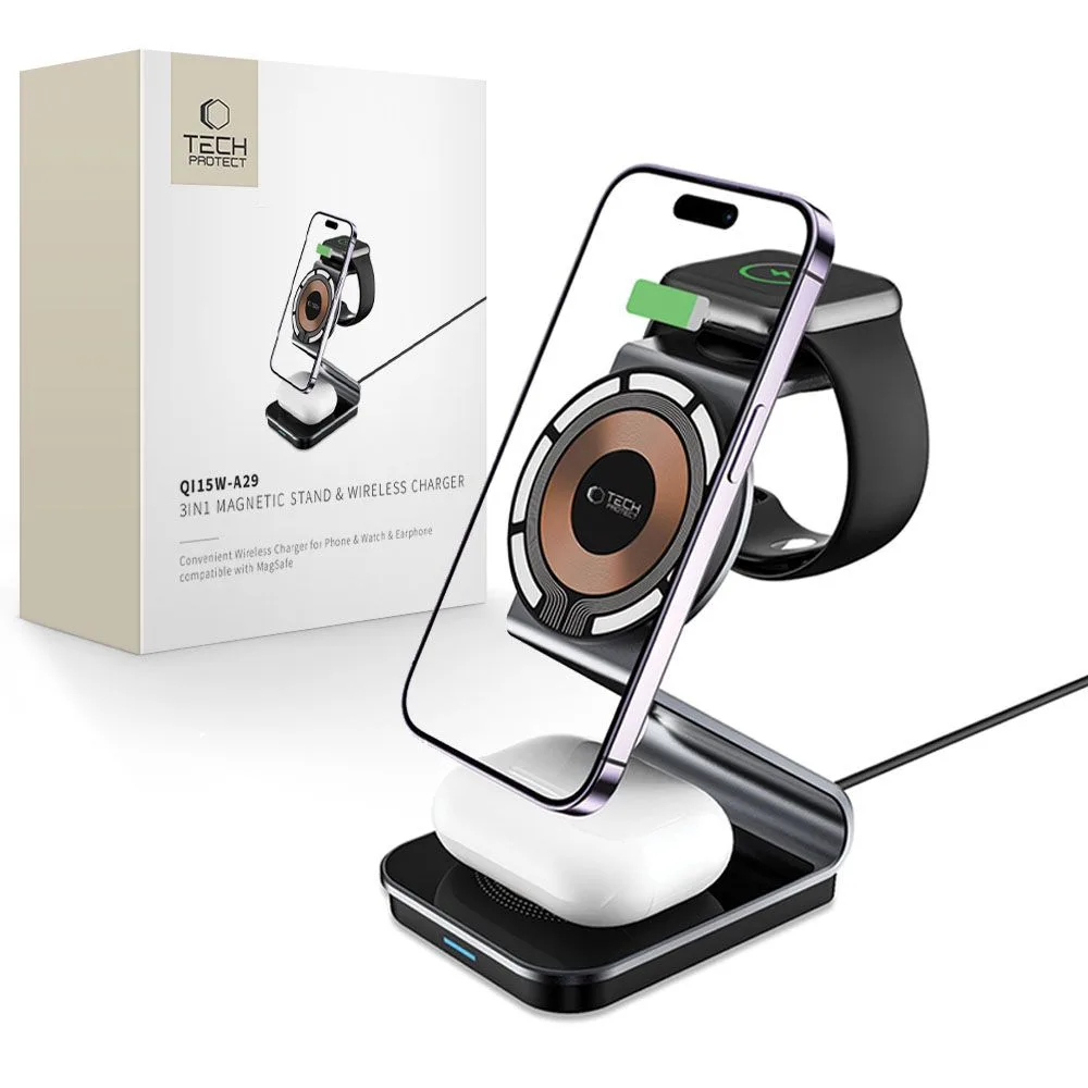 3 az 1-ben induktív töltő MagSafe-vel Apple Watch és AirPods készülékekhez – fekete