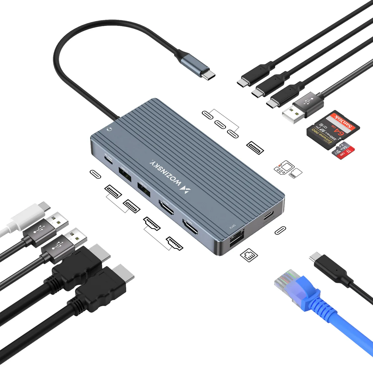 Hub 14-în-1 pentru până la 3 monitoare: USB-A, USB-C, DisplayPort, HDMI, RJ45, SD, TF, mini jack - gri 2