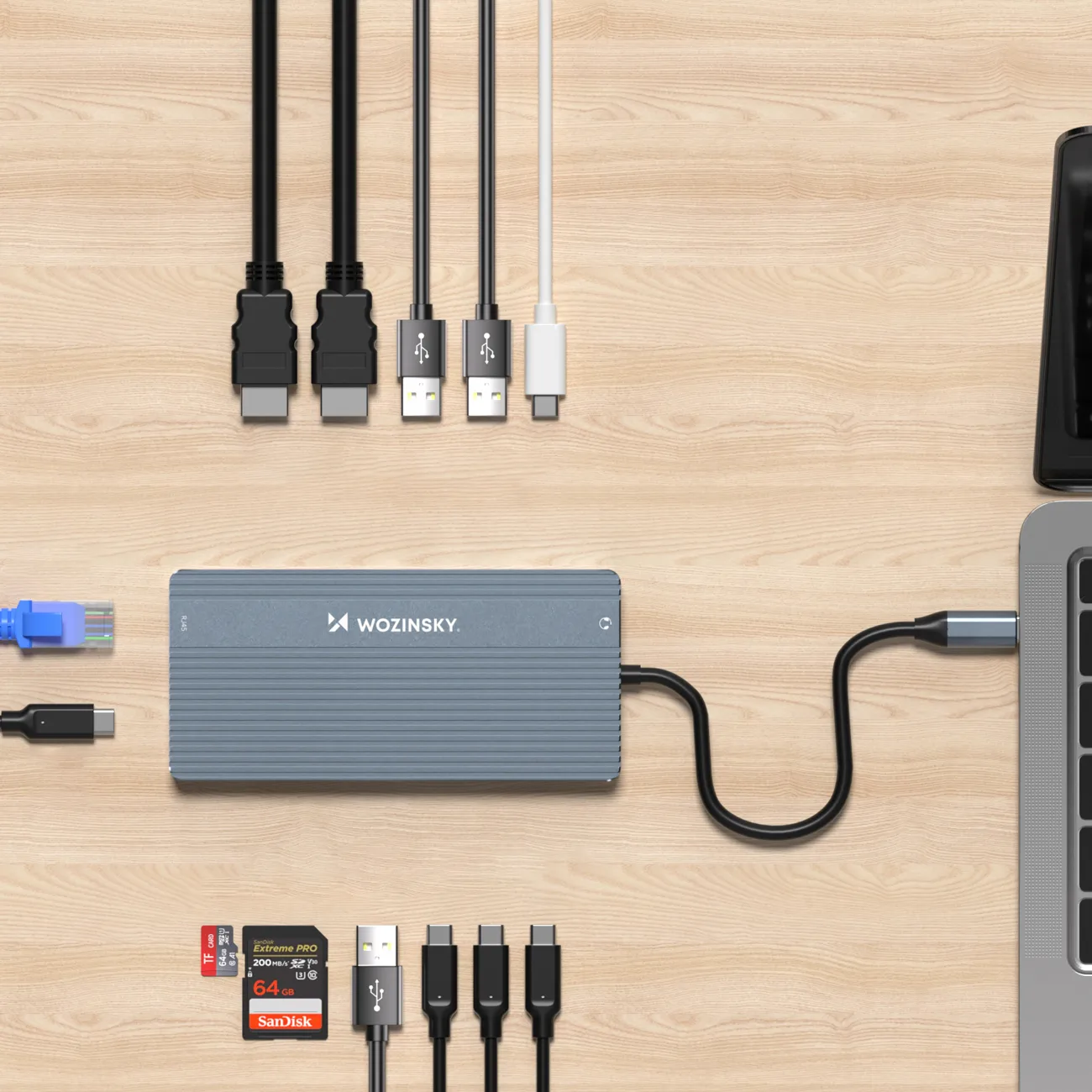 Hub 14-în-1 pentru până la 3 monitoare: USB-A, USB-C, DisplayPort, HDMI, RJ45, SD, TF, mini jack - gri 4
