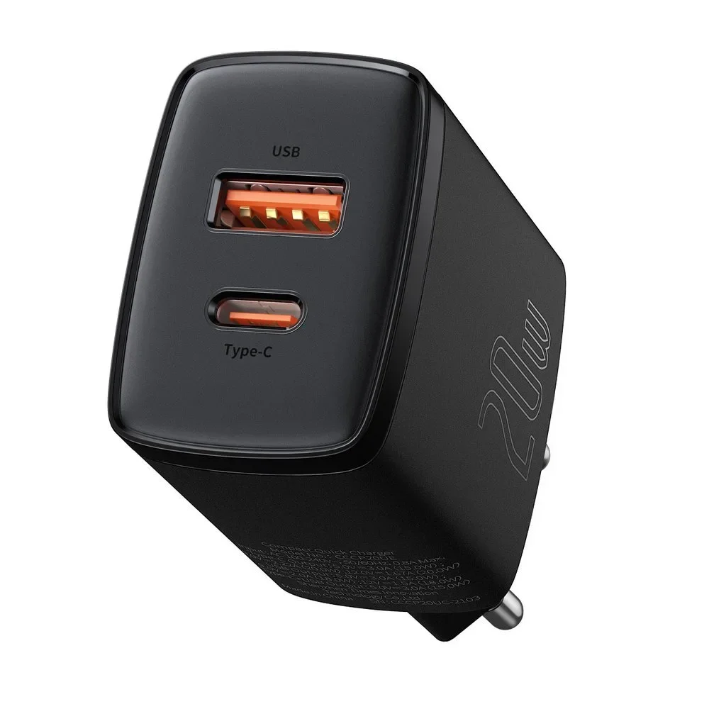 Kompakt USB-C 20 W 3 A PD QC 3.0 gyors fali töltő, fekete Kompakt USB-C 20 W 3 A PD QC 3.0 gyors fali töltő, fekete