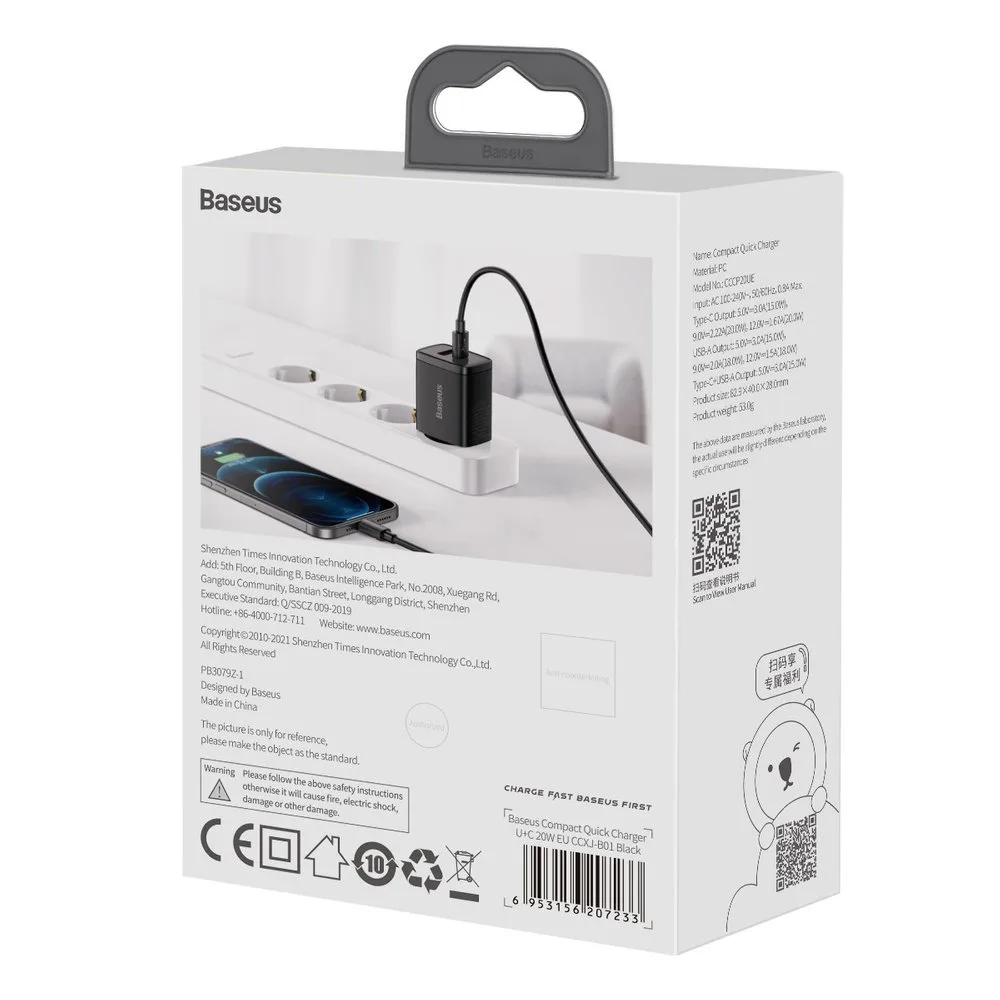 Kompaktes USB-C 20 W 3 A PD QC 3.0 Schnell-Ladegerät, Schwarz 10