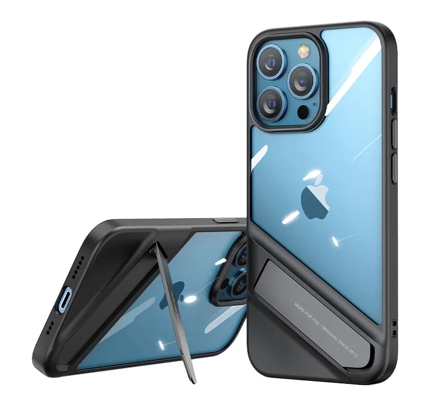 Kemény tok gélkerettel és állvánnyal iPhone 13 Pro-hoz, fekete