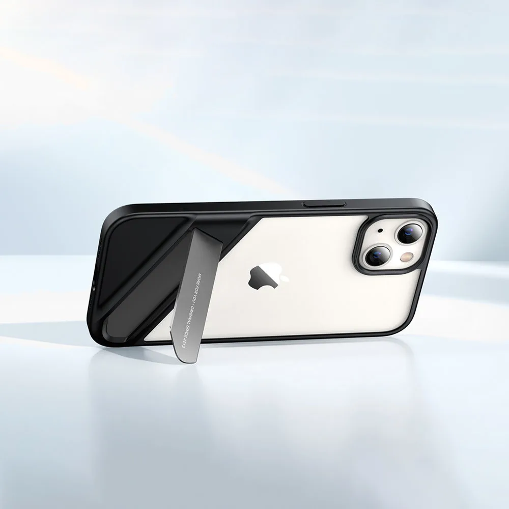 Kemény tok gélkerettel és állvánnyal iPhone 13 Pro-hoz, fekete
