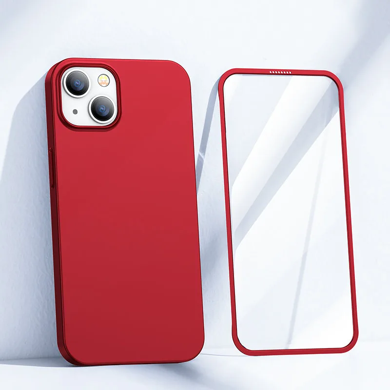 iPhone 13 tok, elülső és hátsó fedél + edzett üveg, piros