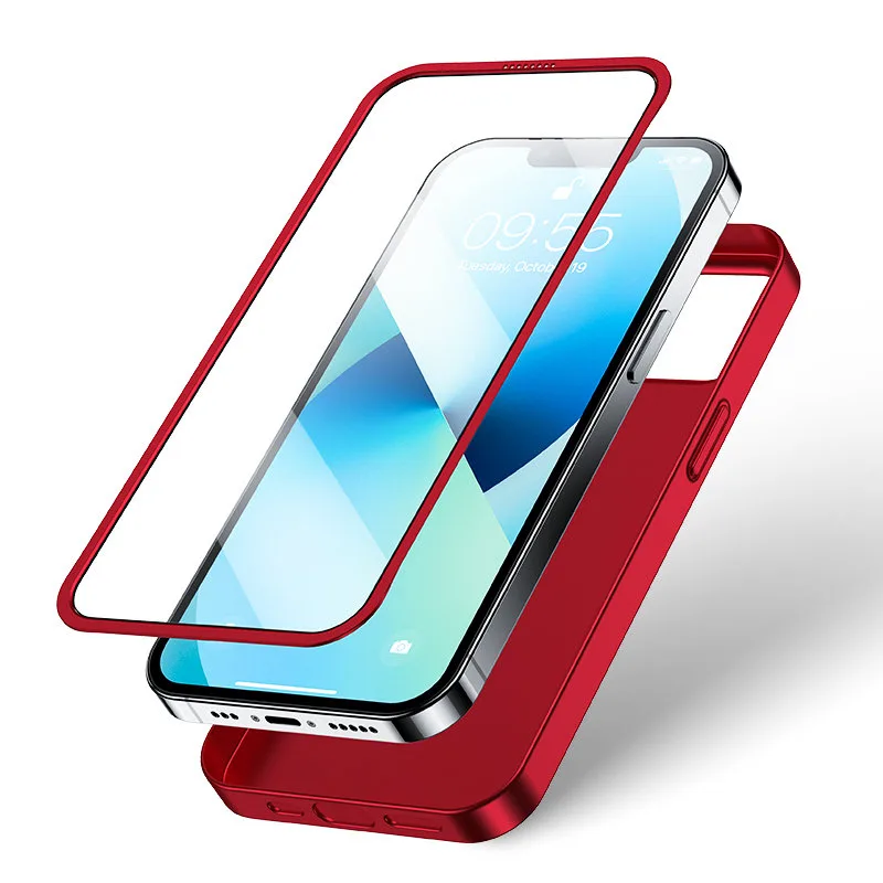 Husă pentru iPhone 13, capac față și spate + sticlă temperată, roșu 4