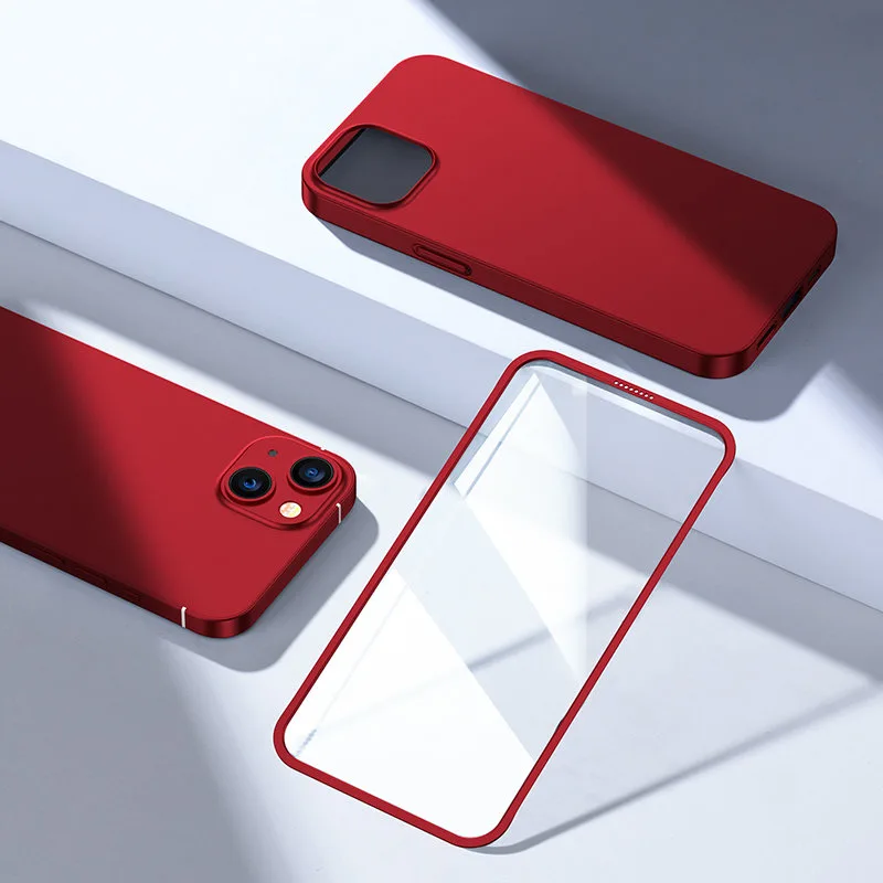 Husă pentru iPhone 13, capac față și spate + sticlă temperată, roșu 8