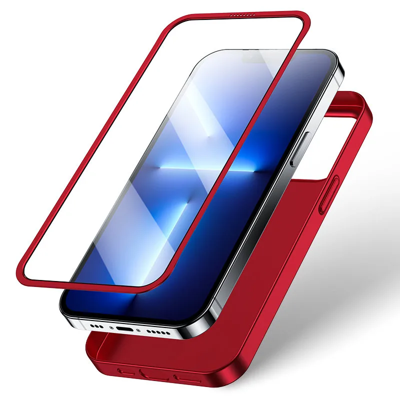 iPhone 13 Pro case, front and back cover + tempered glass, red 4