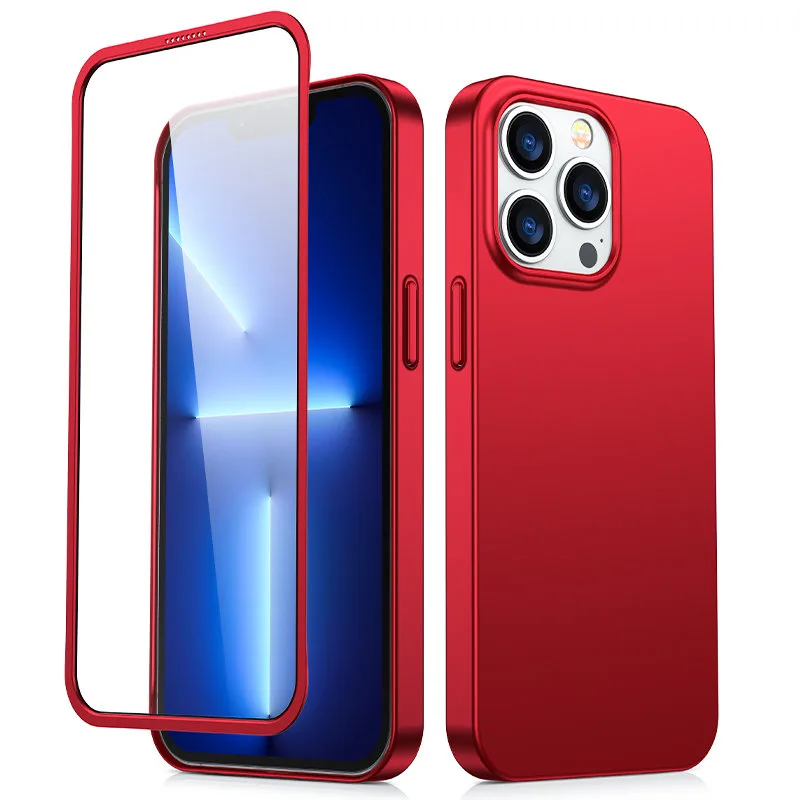 iPhone 13 Pro Max tok, elülső és hátsó fedél + edzett üveg, piros