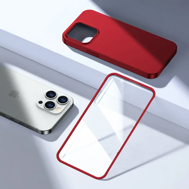 Puzdro na iPhone 13 Pro Max, predný a zadný kryt + tvrdené sklo, červené 9