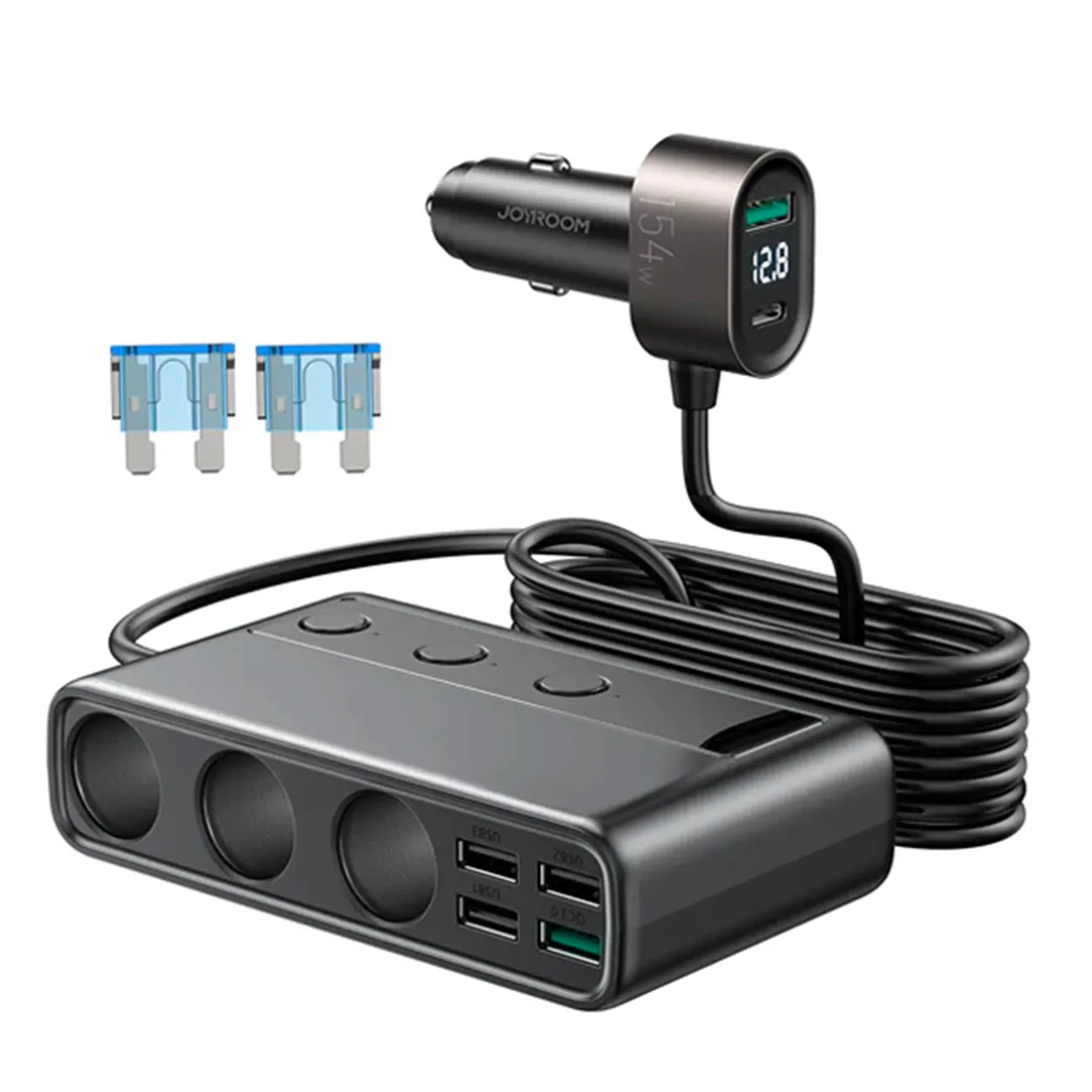 9 az 1-ben autós töltő hub: 5x USB, 1x USB-C, 3x szivargyújtó-csatlakozó, PD & QC, fekete