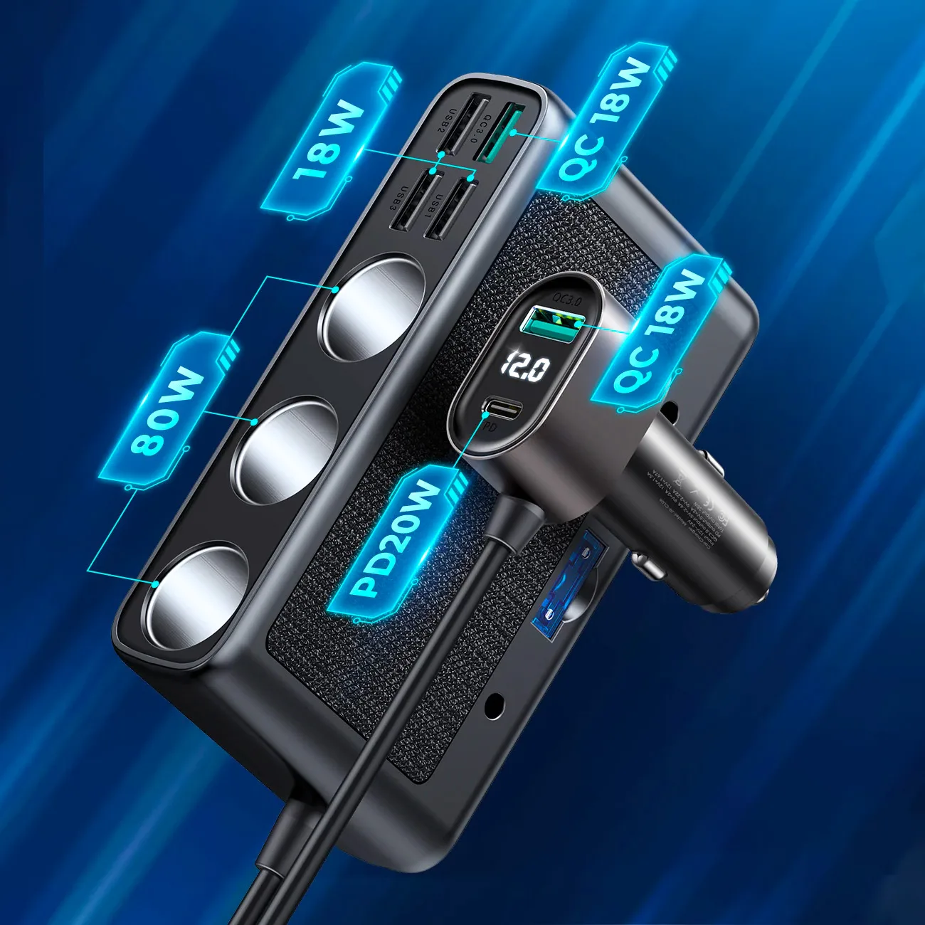9w1 ładowarka samochodowa rozdzielacz 5x USB 1x USB-C 3x gniazdo zapalniczki PD QC czarny 2
