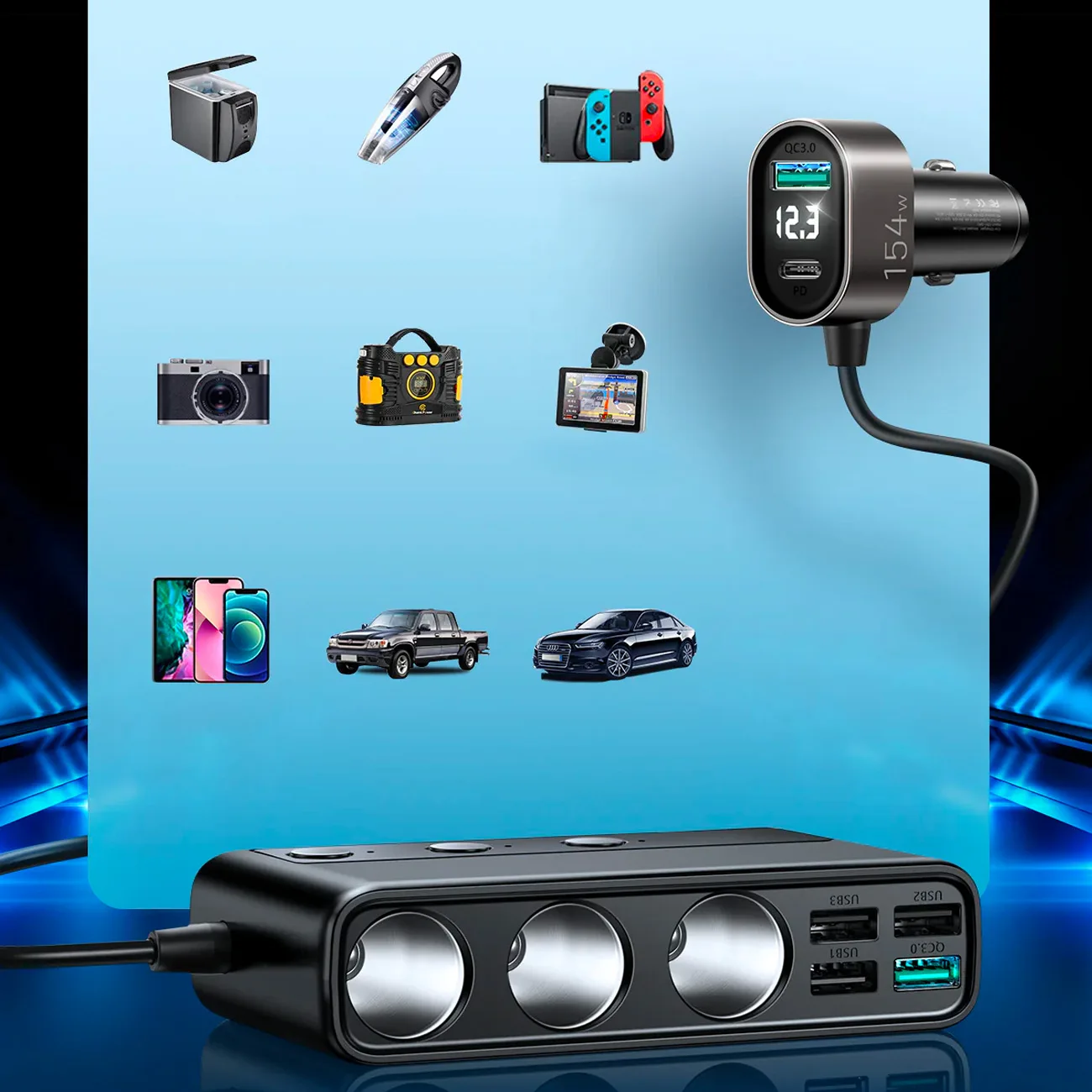 9w1 ładowarka samochodowa rozdzielacz 5x USB 1x USB-C 3x gniazdo zapalniczki PD QC czarny 3