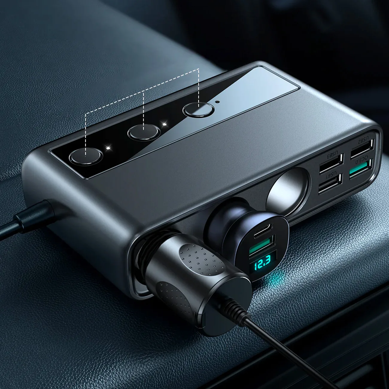 9w1 ładowarka samochodowa rozdzielacz 5x USB 1x USB-C 3x gniazdo zapalniczki PD QC czarny 5