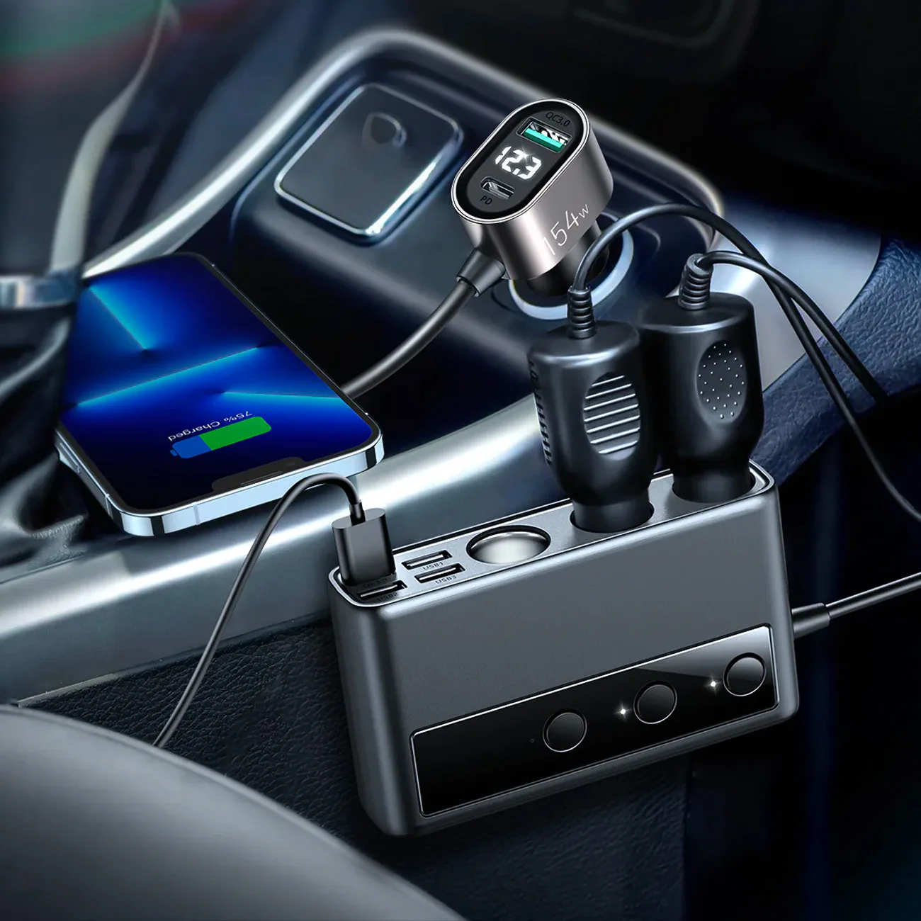 9w1 ładowarka samochodowa rozdzielacz 5x USB 1x USB-C 3x gniazdo zapalniczki PD QC czarny 6