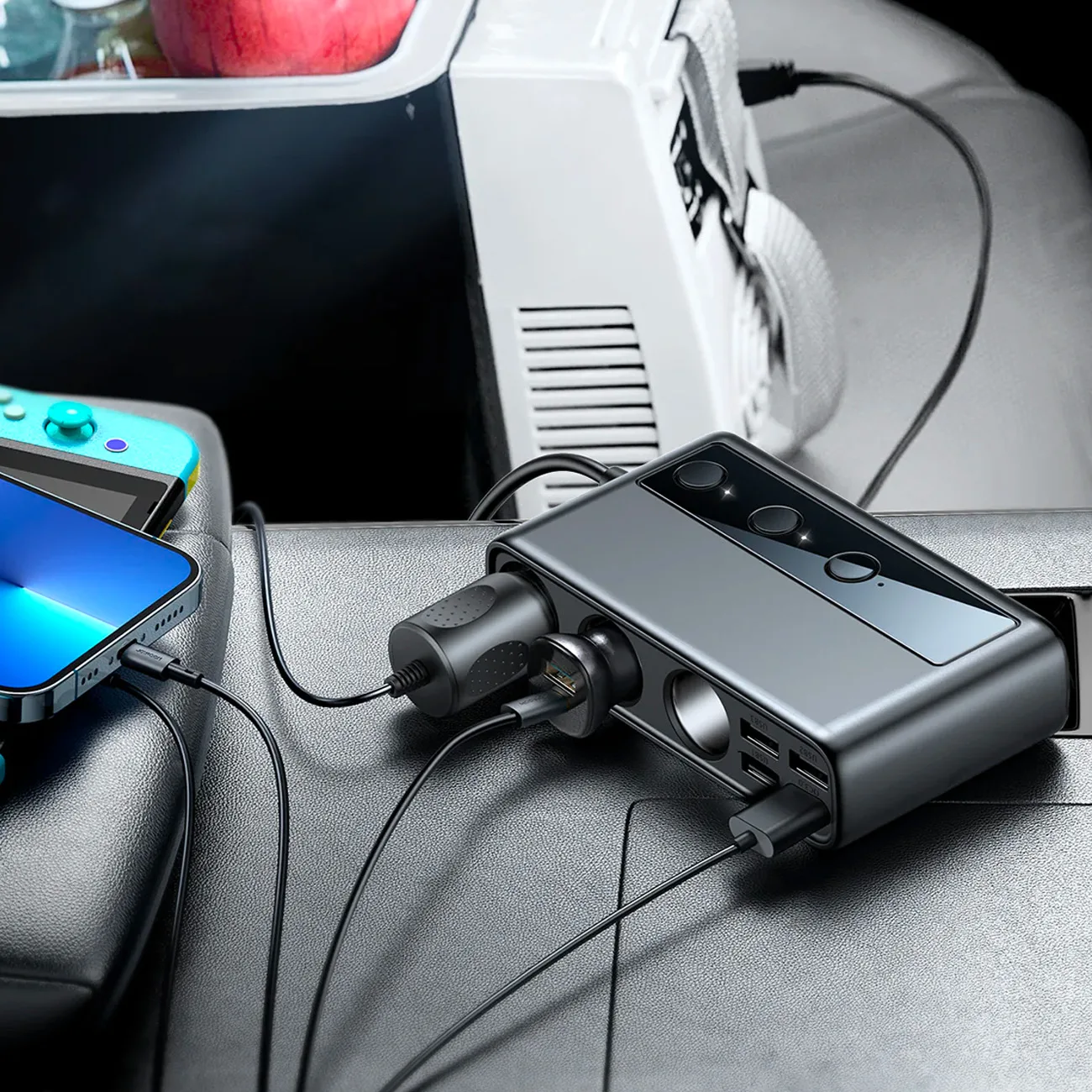 9w1 ładowarka samochodowa rozdzielacz 5x USB 1x USB-C 3x gniazdo zapalniczki PD QC czarny 7