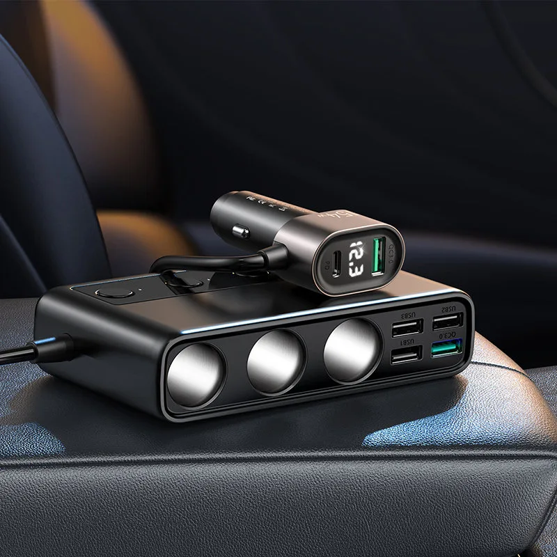 9w1 ładowarka samochodowa rozdzielacz 5x USB 1x USB-C 3x gniazdo zapalniczki PD QC czarny 8