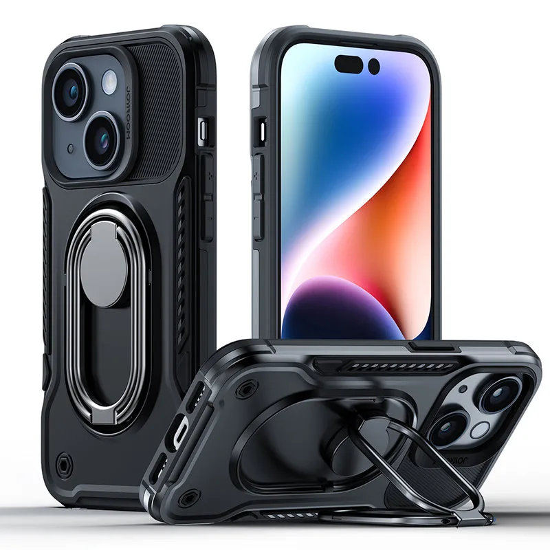 iPhone 14 tok, strapabíró tok állvánnyal és gyűrűtartóval, fekete