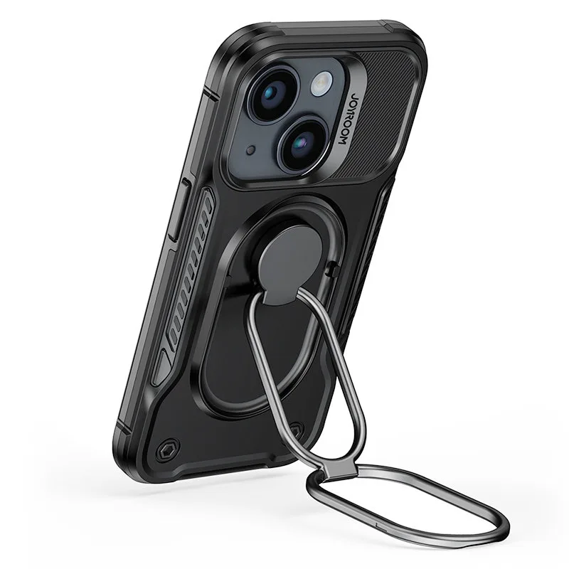 iPhone 14 tok, strapabíró tok állvánnyal és gyűrűtartóval, fekete 2