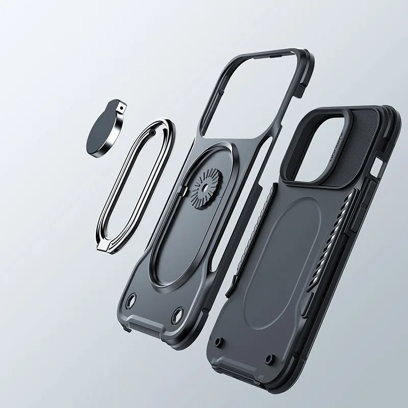 iPhone 14 tok, strapabíró tok állvánnyal és gyűrűtartóval, fekete 5