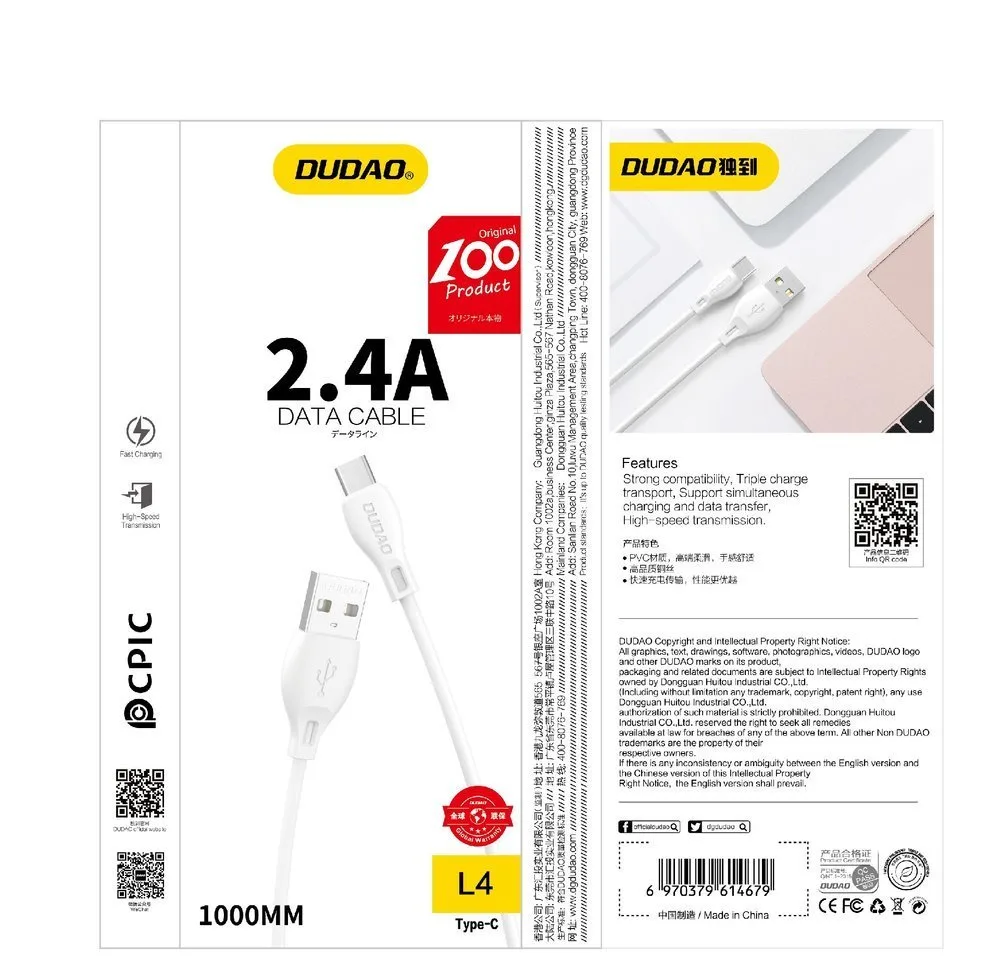 USB–Lightning kábel iPhone-hoz, 2,4 A, 1 m, fehér