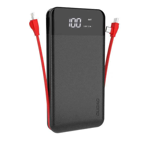 10000 mAh-s 2 A-es power bank + 3 az 1-ben Lightning–USB-C–micro USB 3 A-es kábel, fekete