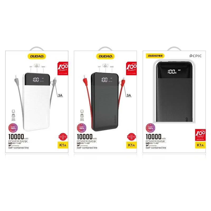 Power Bank 10000 mAh 2A + cablu 3-în-1 Lightning la USB-C la micro USB 3A, negru 3