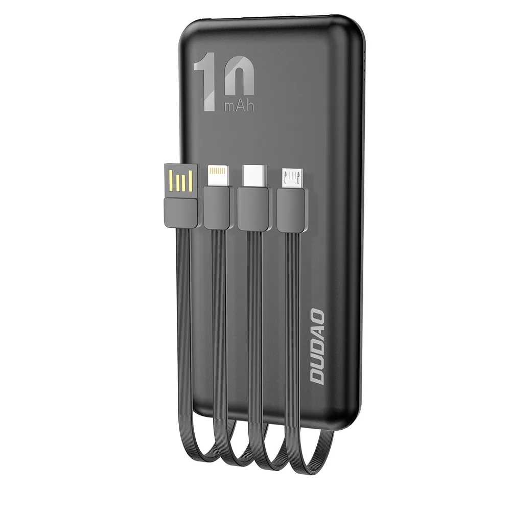 K6Pro 10000mAh univerzális power bank USB, USB-C, microUSB és Lightning kábelekkel – fekete
