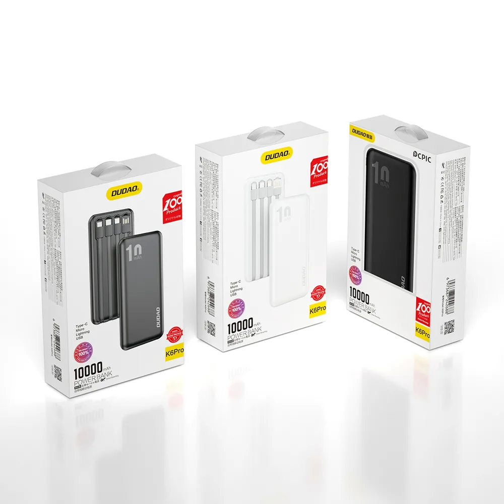 K6Pro 10000mAh univerzalna power banka s USB, USB-C, microUSB i Lightning kabelima - crna 6
