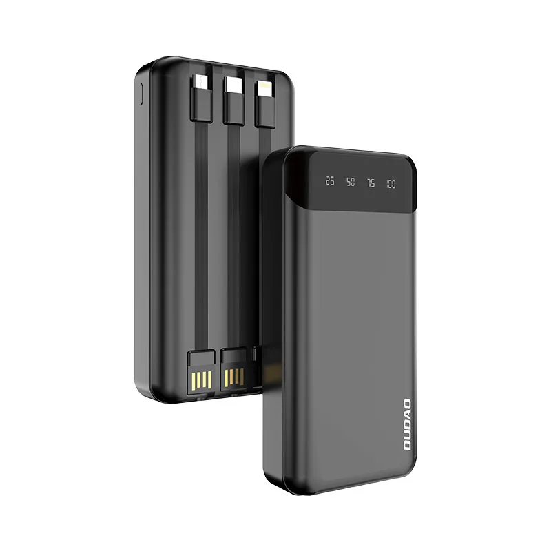 Nagy kapacitású, 20000 mAh-s powerbank 3 beépített USB-C, microUSB és Lightning kábellel, fekete