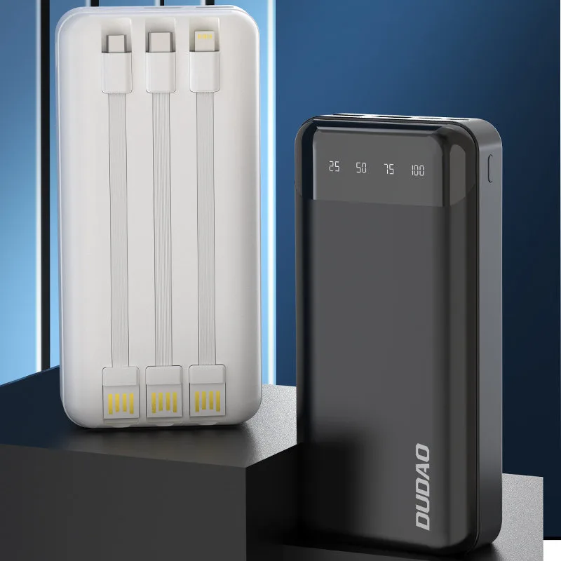 Nagy kapacitású, 20000 mAh-s powerbank 3 beépített USB-C, microUSB és Lightning kábellel, fekete