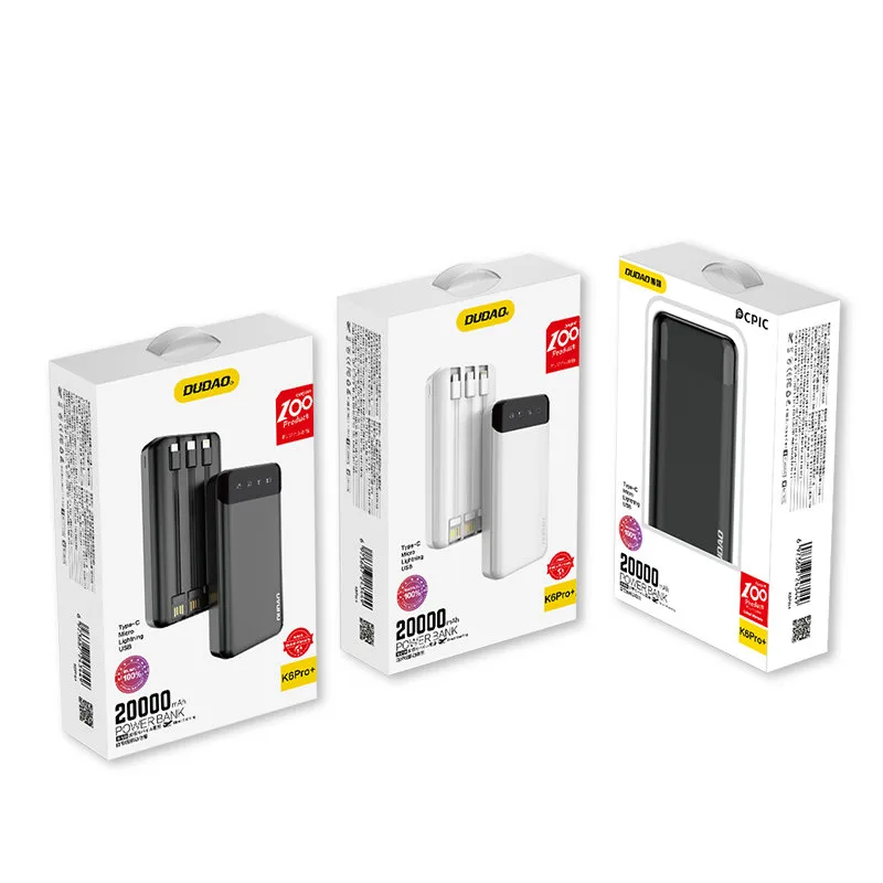 Nagy kapacitású, 20000 mAh-s powerbank 3 beépített USB-C, microUSB és Lightning kábellel, fekete 5