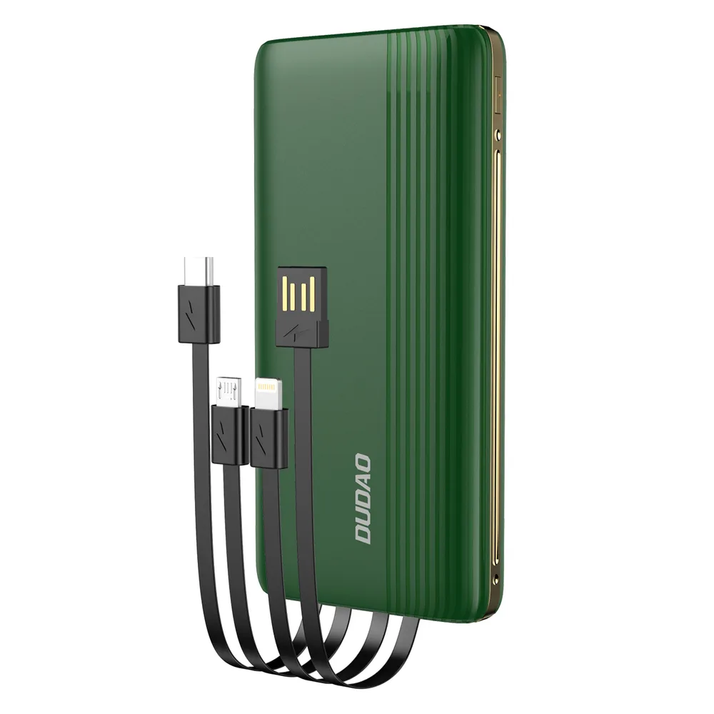 10000 mAh-s K4Pro Power Bank beépített kábelekkel, zöld LED-kijelzővel