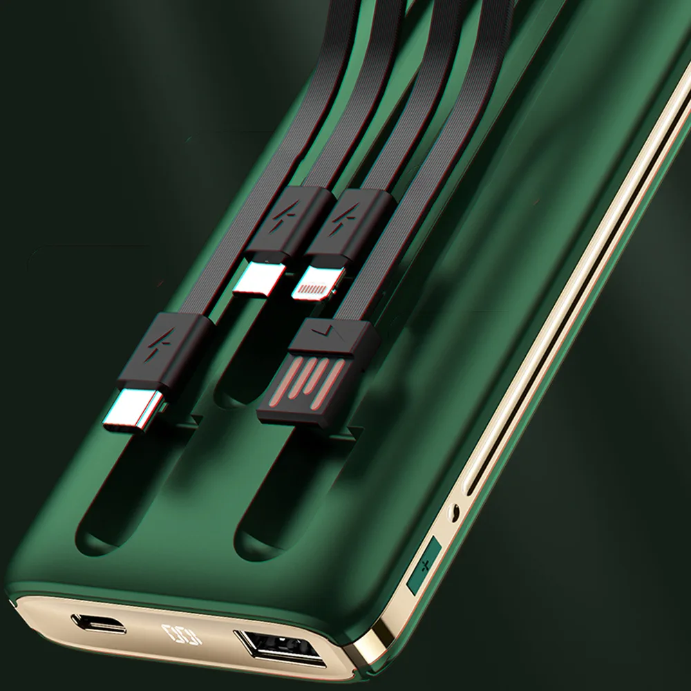 10000 mAh-s K4Pro Power Bank beépített kábelekkel, zöld LED-kijelzővel