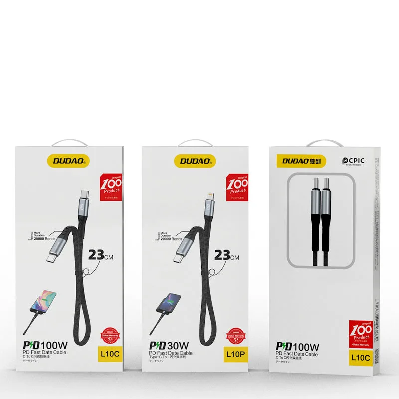 Kabel przewód płaski krótki do iPhone USB-C - Lightning L10P PD 20W 23cm czarny 5