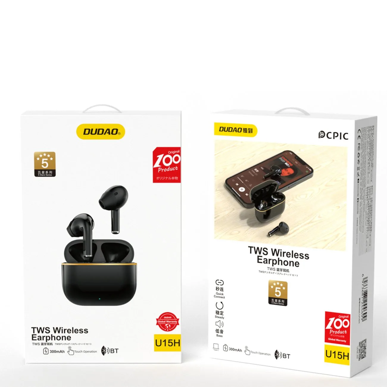 U15H TWS Bluetooth 5.1 vezeték nélküli fejhallgató, fekete