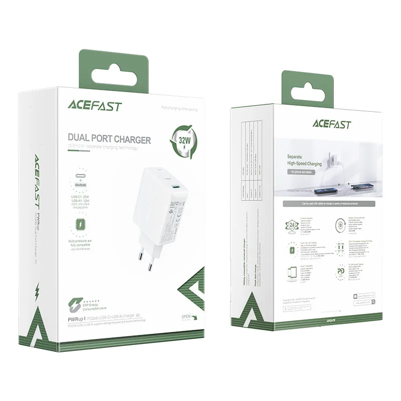 USB-C 32 W PPS PD QC 3.0 AFC FCP fali töltő, fehér 5