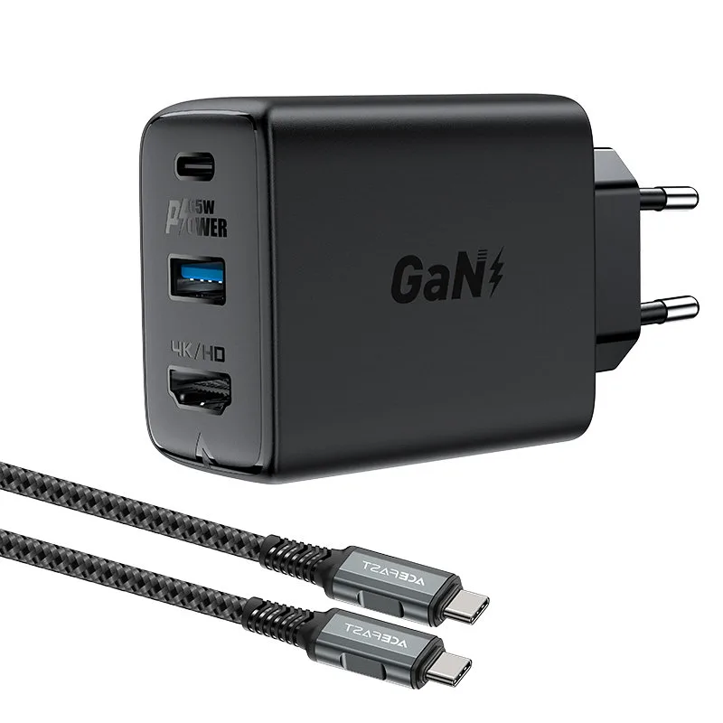 2 az 1-ben fali töltő USB-C kábellel + USB-C–HDMI 4K adapterrel, fekete