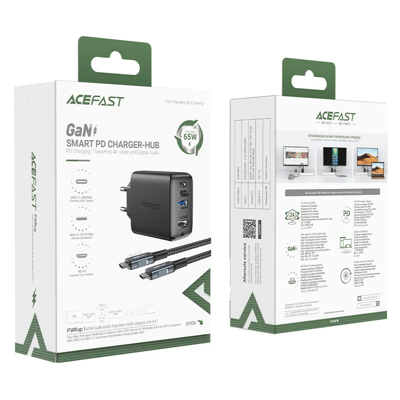 2w1 Ładowarka sieciowa z kablem USB-C + przejściówka adapter USB-C - HDMI 4K czarna 5