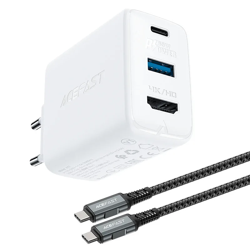 2 az 1-ben hálózati töltő USB-C kábellel + USB-C–HDMI 4K adapter, fehér