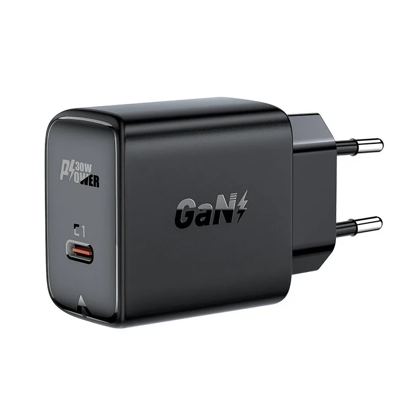 GaN USB-C 30 W PD QC 3.0 AFC FCP fali töltő, fekete