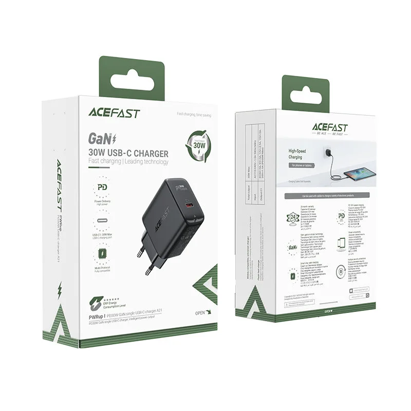 Ładowarka sieciowa GaN USB-C 30W PD QC 3.0 AFC FCP czarny 5
