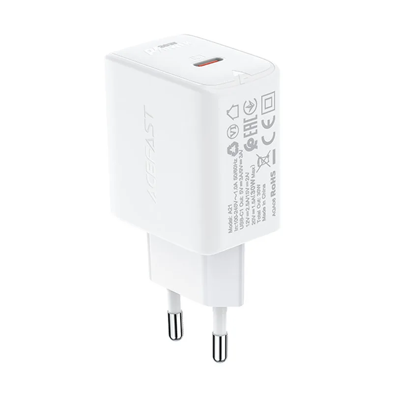 GaN USB-C 30W PD QC 3.0 AFC FCP Wall Charger, White 3
