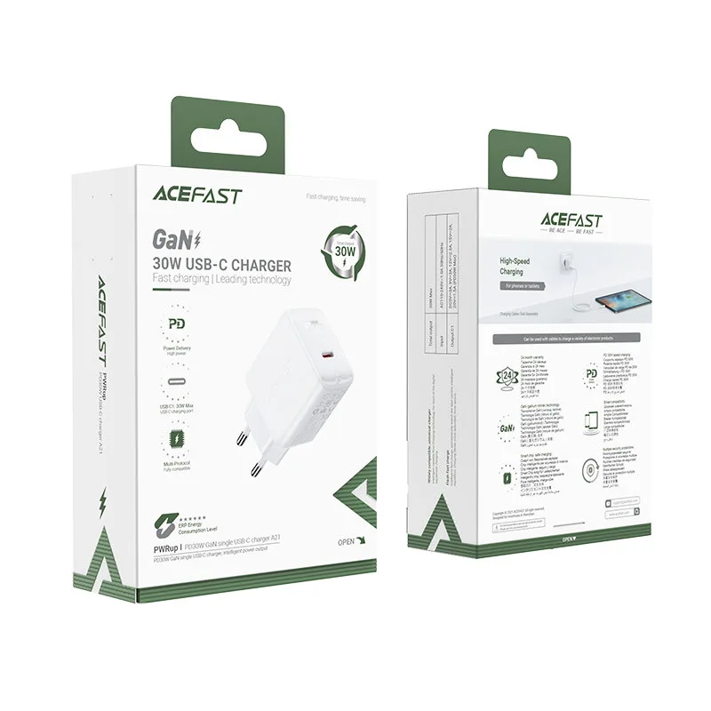 GaN USB-C 30 W PD QC 3.0 AFC FCP fali töltő, fehér