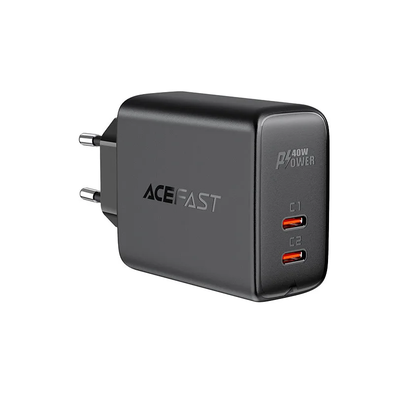 2x USB-C 40 W PPS PD QC 3.0 AFC FCP fali töltő, fekete