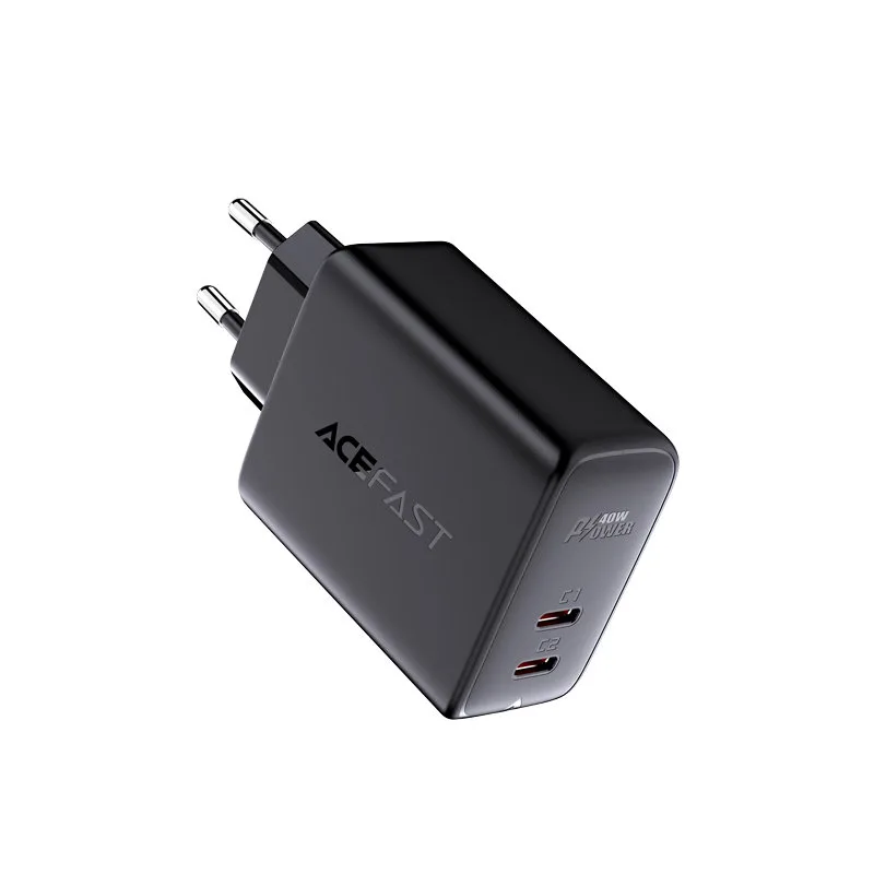 2x USB-C 40 W PPS PD QC 3.0 AFC FCP fali töltő, fekete 2